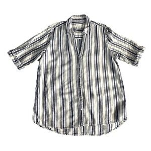 Sigrid Olsen Linen Stripe Shirt Blue White Short Rolled Sleeve Raw Hem Button LG